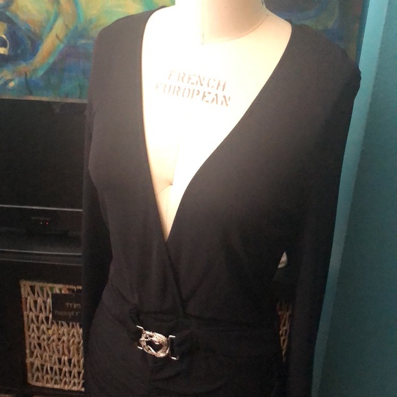 Cavalli black slim snake belt dress w/ gathered front skirt & plunging neckline - Picture 5 of 15